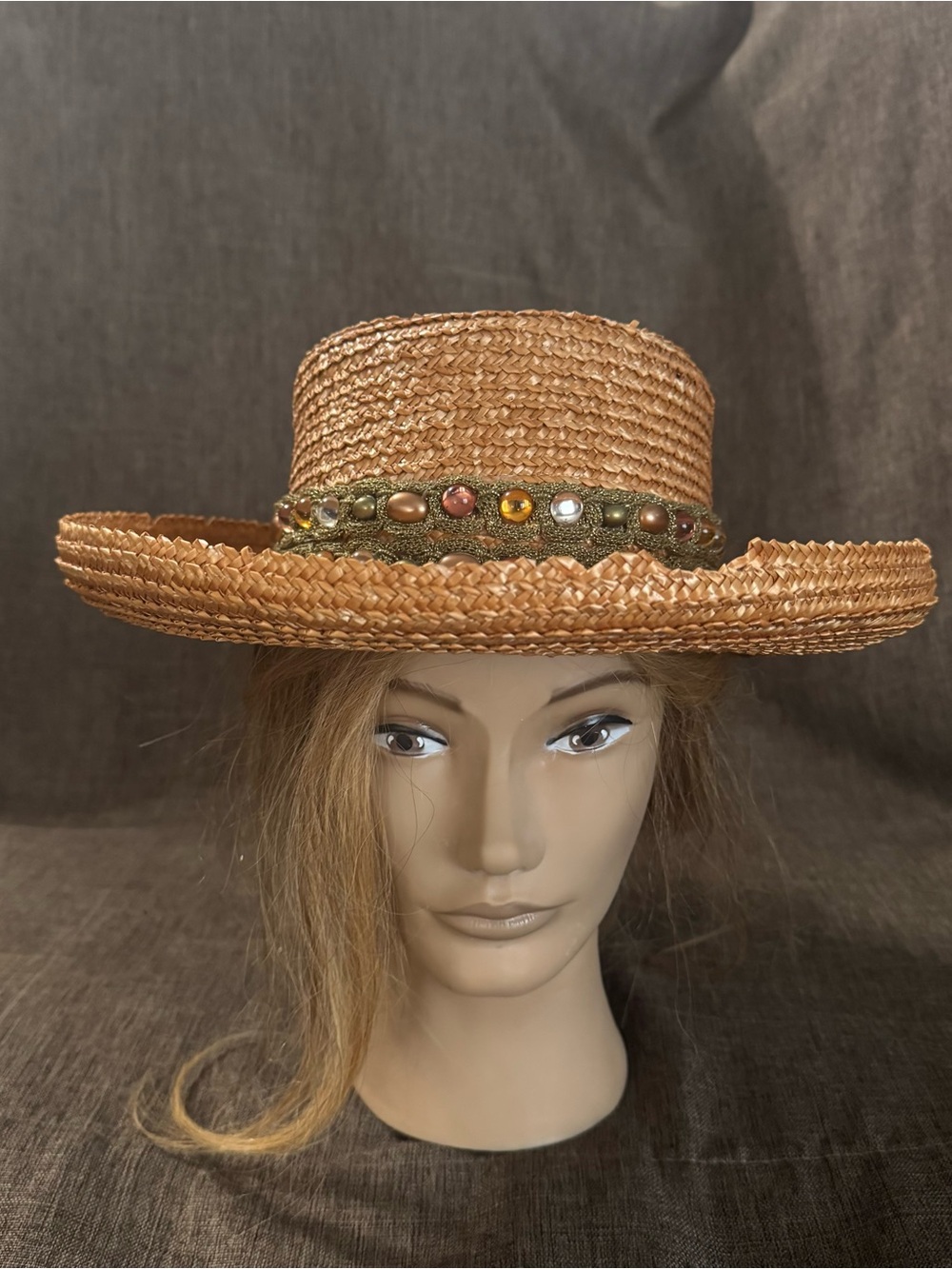 Eric Javits Natural Straw Hat with Olive Beaded Band - Picture 2 of 14